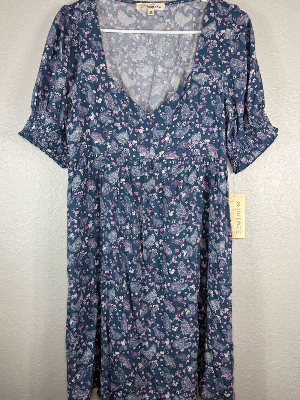 Blue Paisley Floral Short Dress Puff Sleeve Women's Medium by Rewind‎